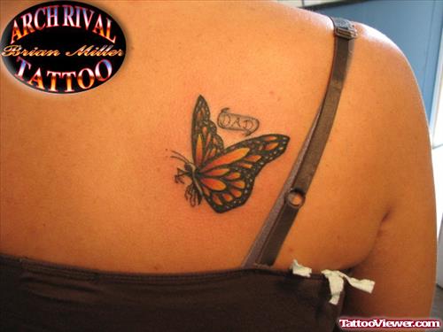 Awesome Colored Ink Butterfly Tattoo On Right Back Shoulder