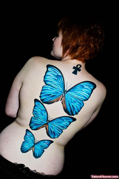 Ankh And Blue Ink Butterflies Tattoos On Back Body