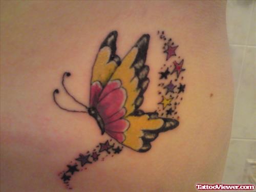 Stars And Colored Butterfly Tattoo