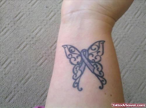 Ribbon Butterfly Tattoo On Right Arm