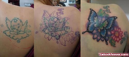 Red Flower And Butterfly Tattoo On Right Back Shoulder