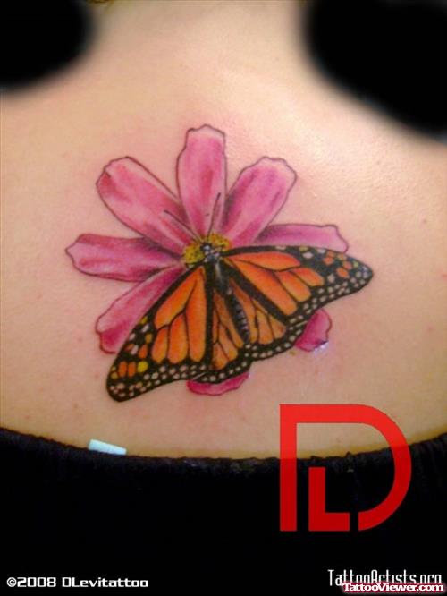 Pink Flower And Butterfly Tattoo On Upperback