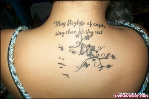 Lettering And Butterfly Tattoo On Upperback