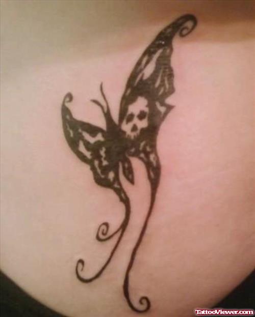 Butterfly With Skull Black Ink Tattoo