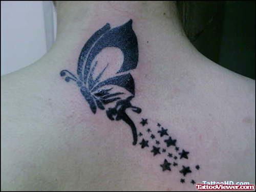 Black Ink Butterfly Tattoo On Upperback