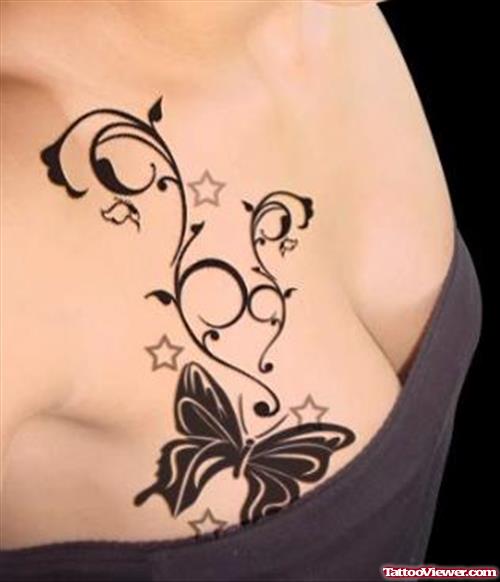Black Ink Butterfly Tattoo On Chest