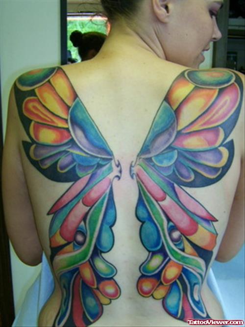 Awesome Colored Butterfly Tattoo On Back Body