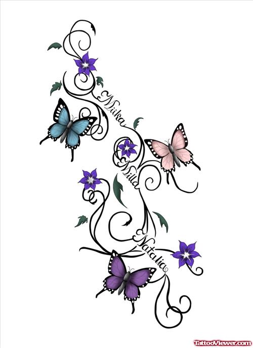 Vines Flowers and Butterflies Tattoo Design