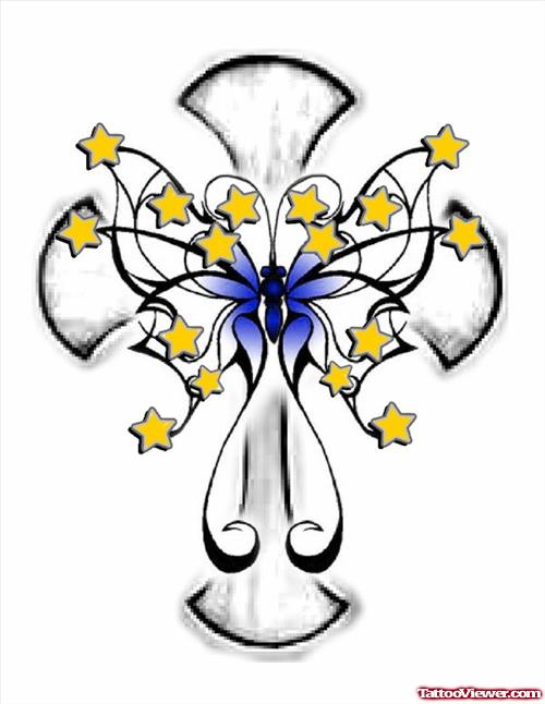 Stars Cross And Butterfly Tattoo Design