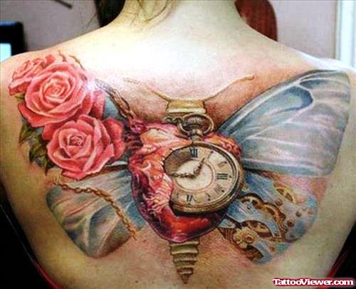Large Colored Butterfly With Pink rose flowers And Pocket Watch Tattoo On Back