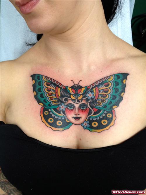 Girl Head Moth Butterfly Tattoo On Chest