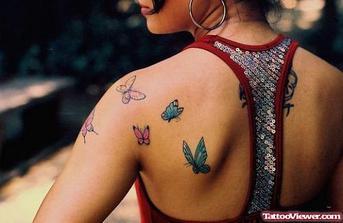 Colored Ink Butterflies Tattoos On Left Back Shoulder
