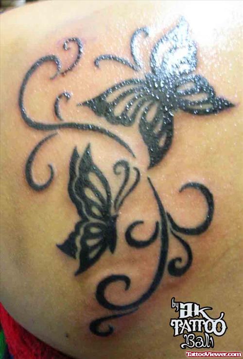 Black Butterflies Tattoo On Left Back Shoulder