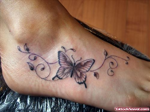 Awesome Grey Ink Butterfly Tattoo On Right Foot