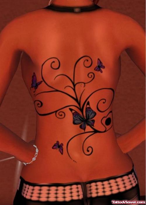Blue Ink Butterflies Tattoos On Back