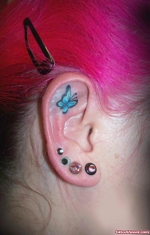 Blue Butterfly Tattoo Inside Right Ear