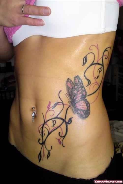 Swirl Butterfly Tattoo On Girl Hip