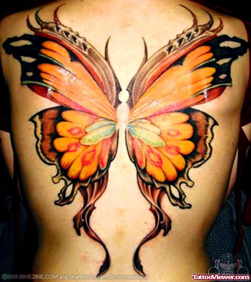 Large Butterfly Tattoo On Girl Back