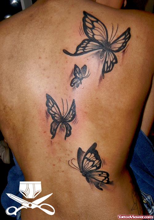 Grey Ink Butterfly Tattoo On Back Body