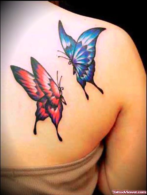 Colored Flying Butterfly Tattoos On Back Shoulder