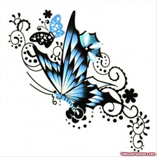 Blue Ink Flying Butterfly Tattoo Design