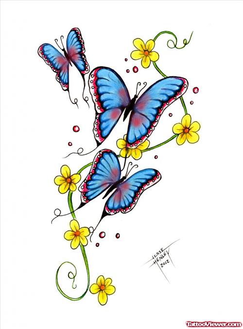 Blue Ink Butterfly Tattoos Design