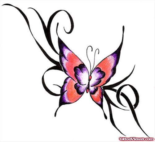Black Tribal And Color Butterfly Tattoo Design