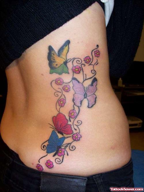 Awesome Colored Ink Butterflies Tattoos On Back