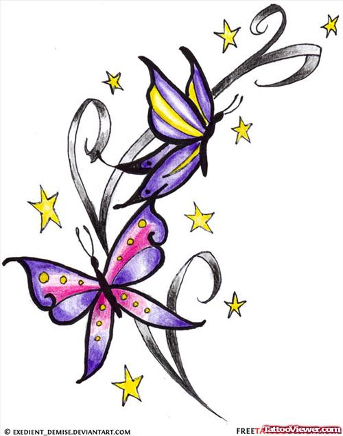 Stars And Butterfly Tattoo Design