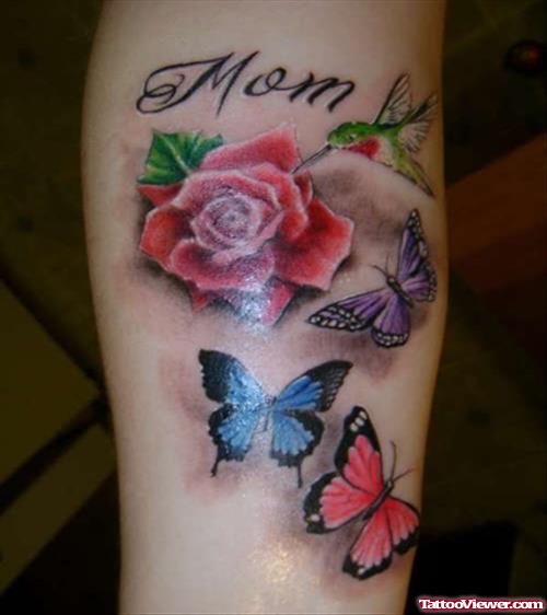 Red Rose And Colored Butterflies Tattoo