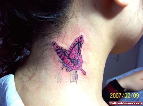 Red Butterfly Tattoo On Side Neck