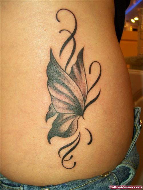 Grey Ink Butterfly Tattoo On Side