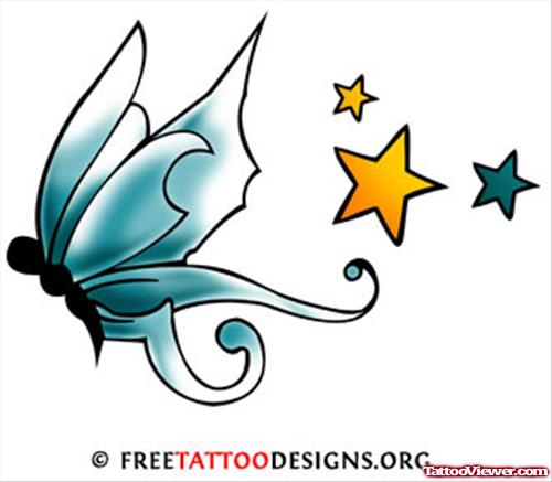Colored Stars And Butterfly Tattoo Design