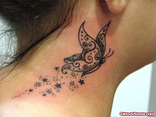 Black Ink Butterfly Tattoo On Girl Side Neck