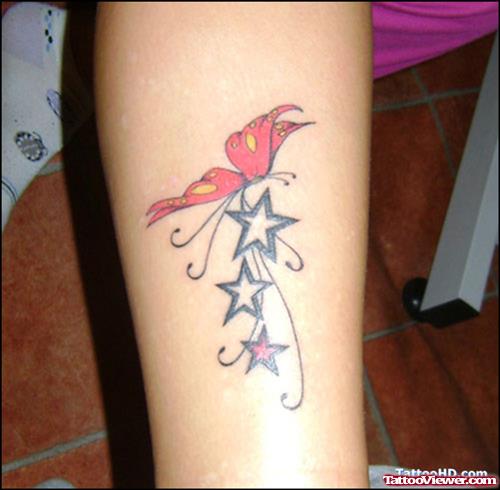 Stars And Red Butterfly Tattoo