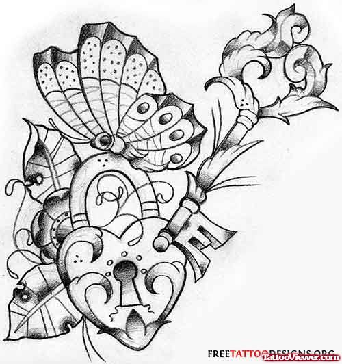 Lock Heart Key and Butterfly Tattoo Design
