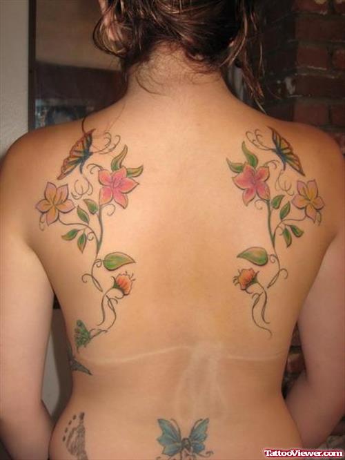 Flowers And Butterfly Tattoos On Back Shoulders