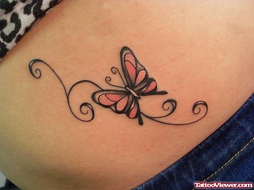 Pink Butterfly Tattoo On Lowerback For Girls