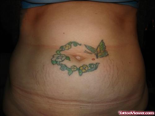 Flowers And Butterfly Tattoo Around Belly