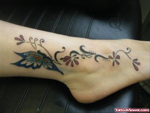 Butterfly And Flower Tattoo On Ankle