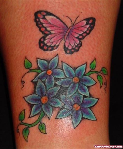 Blue Flowers And Butterfly Tattoo