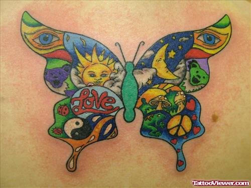 Awesome Colored Sun Moon Yin Yang And Animals In Butterfly Tattoo