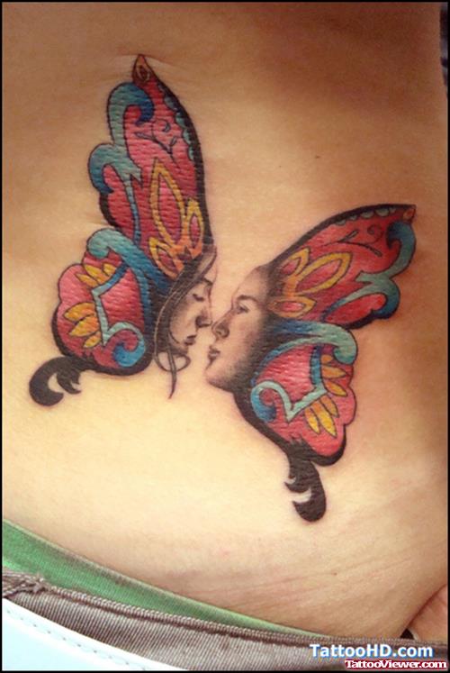 Girls Face Colored Ink Butterfly Tattoo On Back Shoulder