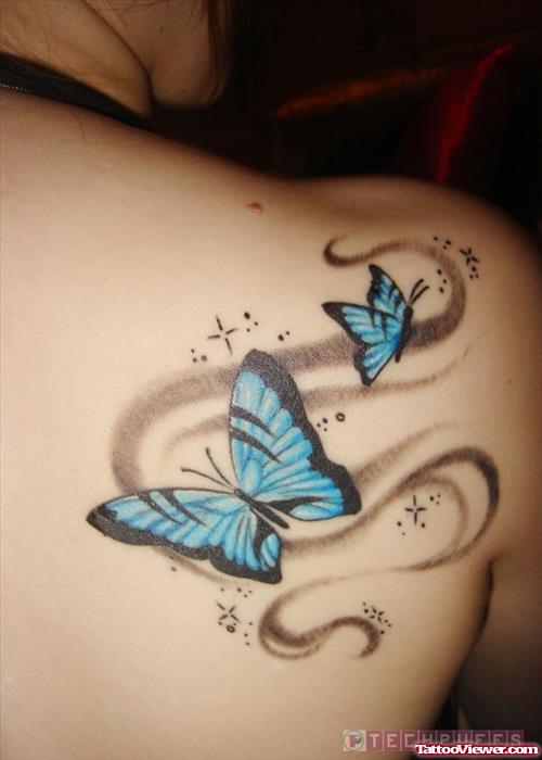 Girl Right Back Shoulder Blue Butterfly Tattoos