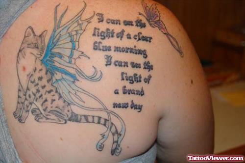 Fairy Cat And Butterfly With Lettering Tattoo On Back