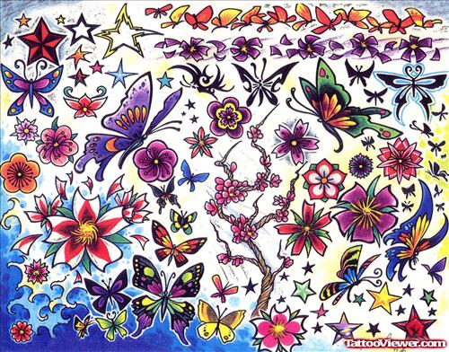 Colored Flowers And Butterfly Tattoo Designs