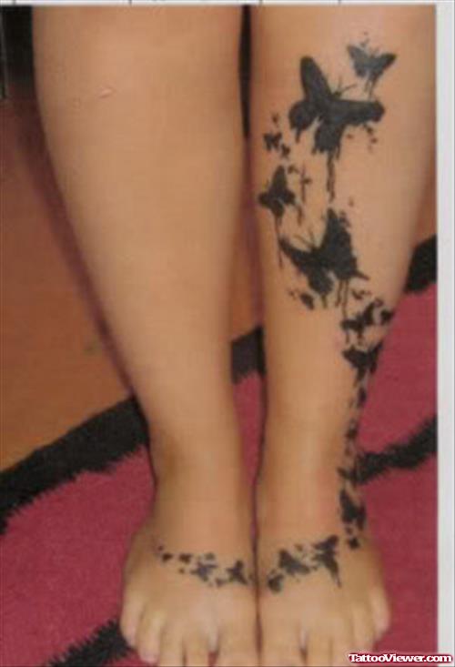 Black Butterflies Tattoos On Left Leg