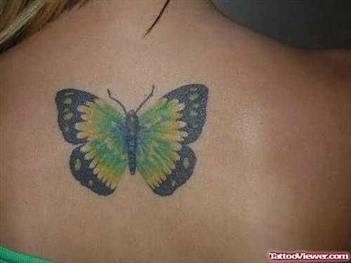 Black And Green Butterfly Tattoo On Upperback