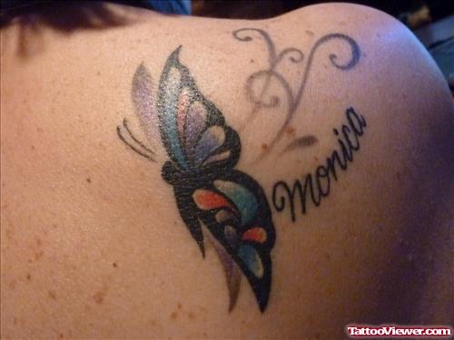 Attractive Colored Butterfly Tattoo On Right Back Shoulder