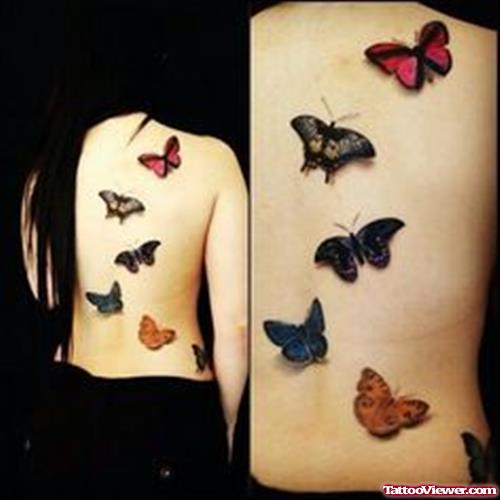 Attractive Colored Butterflies Tattoos On Back